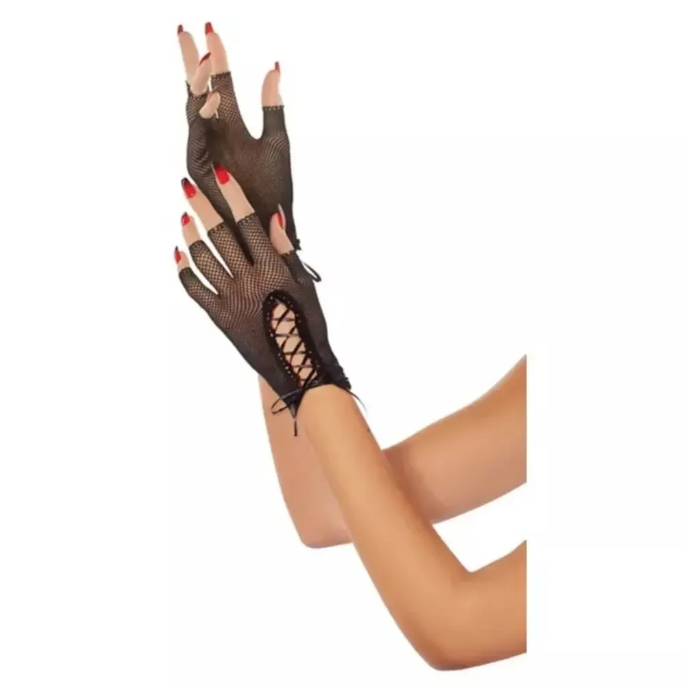 NEW Black Fishnet Glovettes lace Up Corset Fingerless Gloves Goth Cosplay OSFM